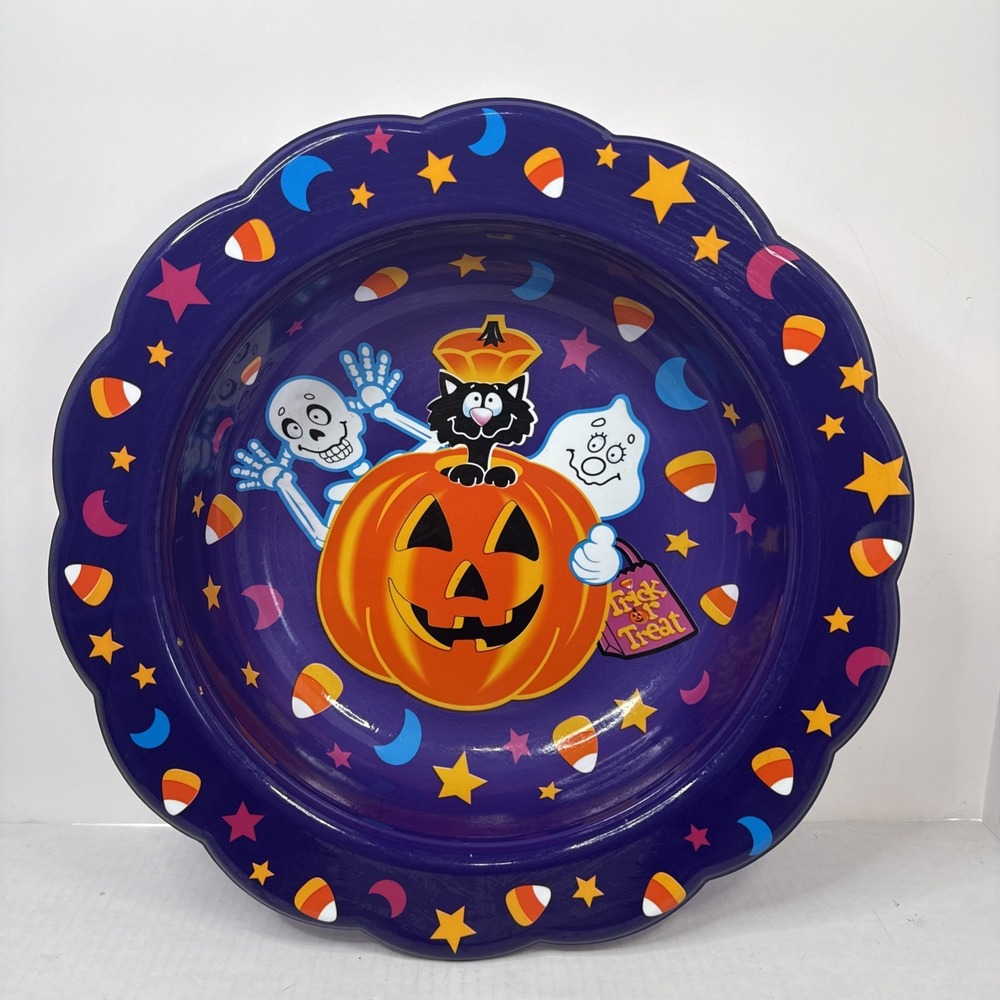Vintage Ullman Halloween Candy Bowl 14" Black Cat Ghoul Ghost Jack-o-Lantern